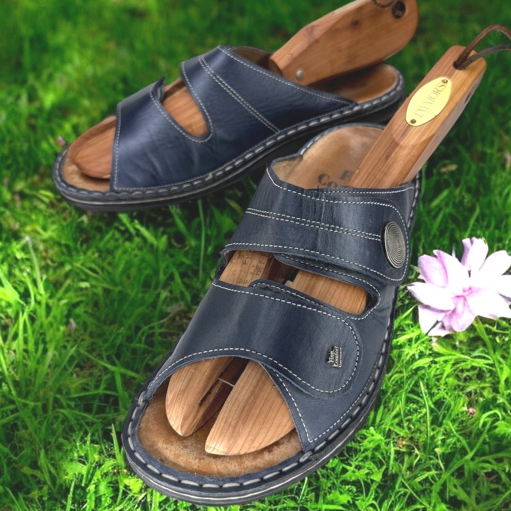 Finn Comfort Sansibar Shoes Women 40 Navy Blue Leather Slide Walking Sandals
